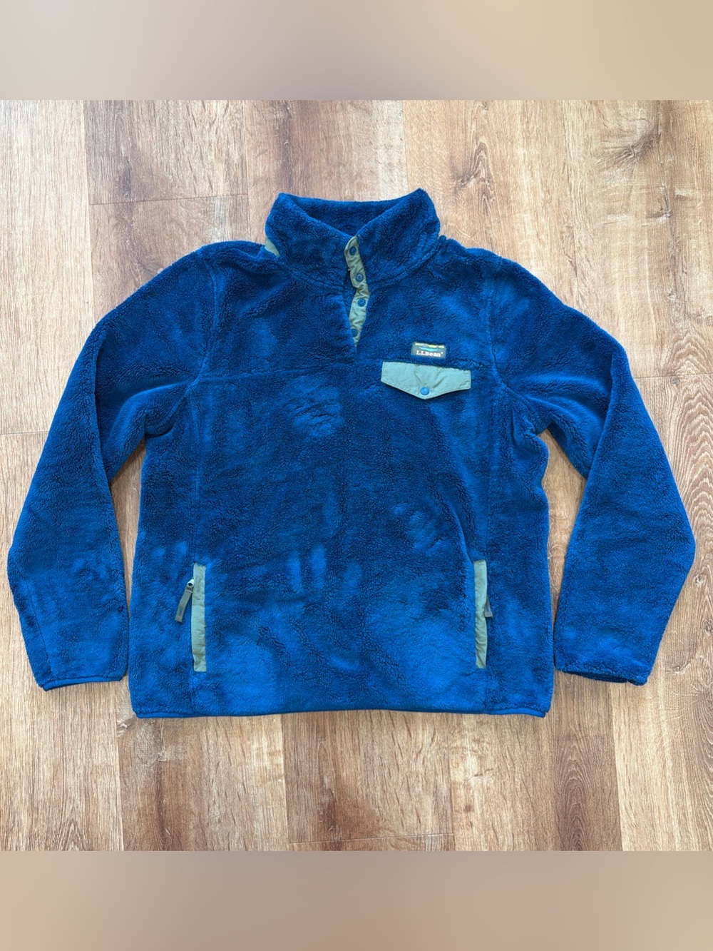 L.L. Bean Hi Pile Snap-T Fleece Pullover Womens Large Blue Sherpa Chest Pocket